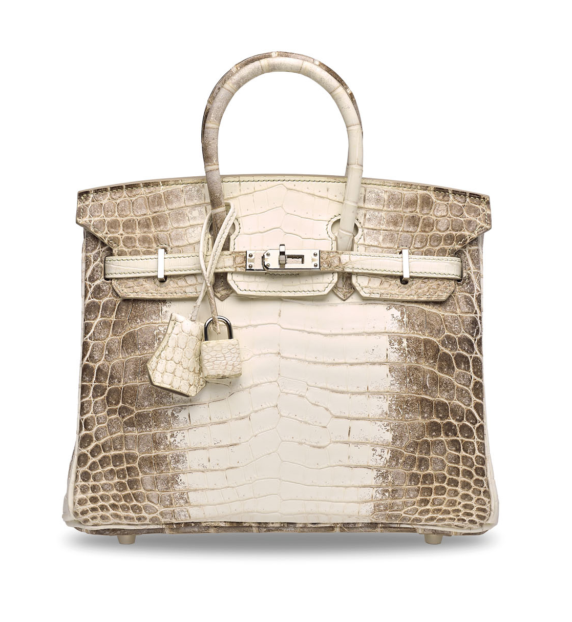愛馬仕柏金包世界拍賣紀錄:罕見霧面白色喜馬拉雅尼羅鰐魚皮25公分柏金包附鈀金配件,愛馬仕,2016年。此拍品於2020年11月27日在佳士得香港「典雅傳承:手袋及配飾」拍賣中售出,成交價港元3,000,000