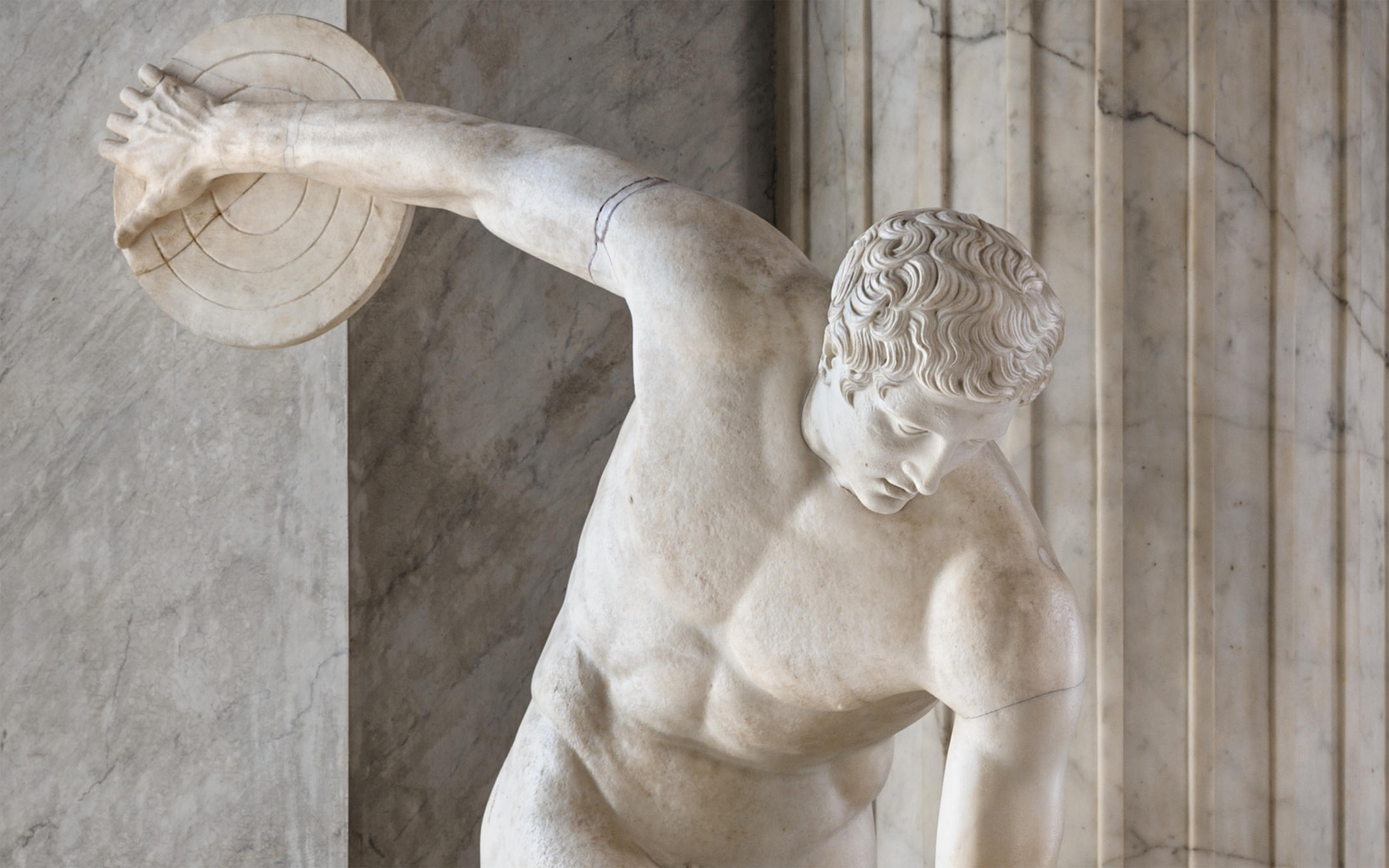The Vatican Discobolus, 2nd century A.D., after a lost bronze of the discus thrower by the Greek sculptor Myron (circa 460-420 B.C.). The sculpture was discovered at Hadrian's Villa, Tivoli, in 1791