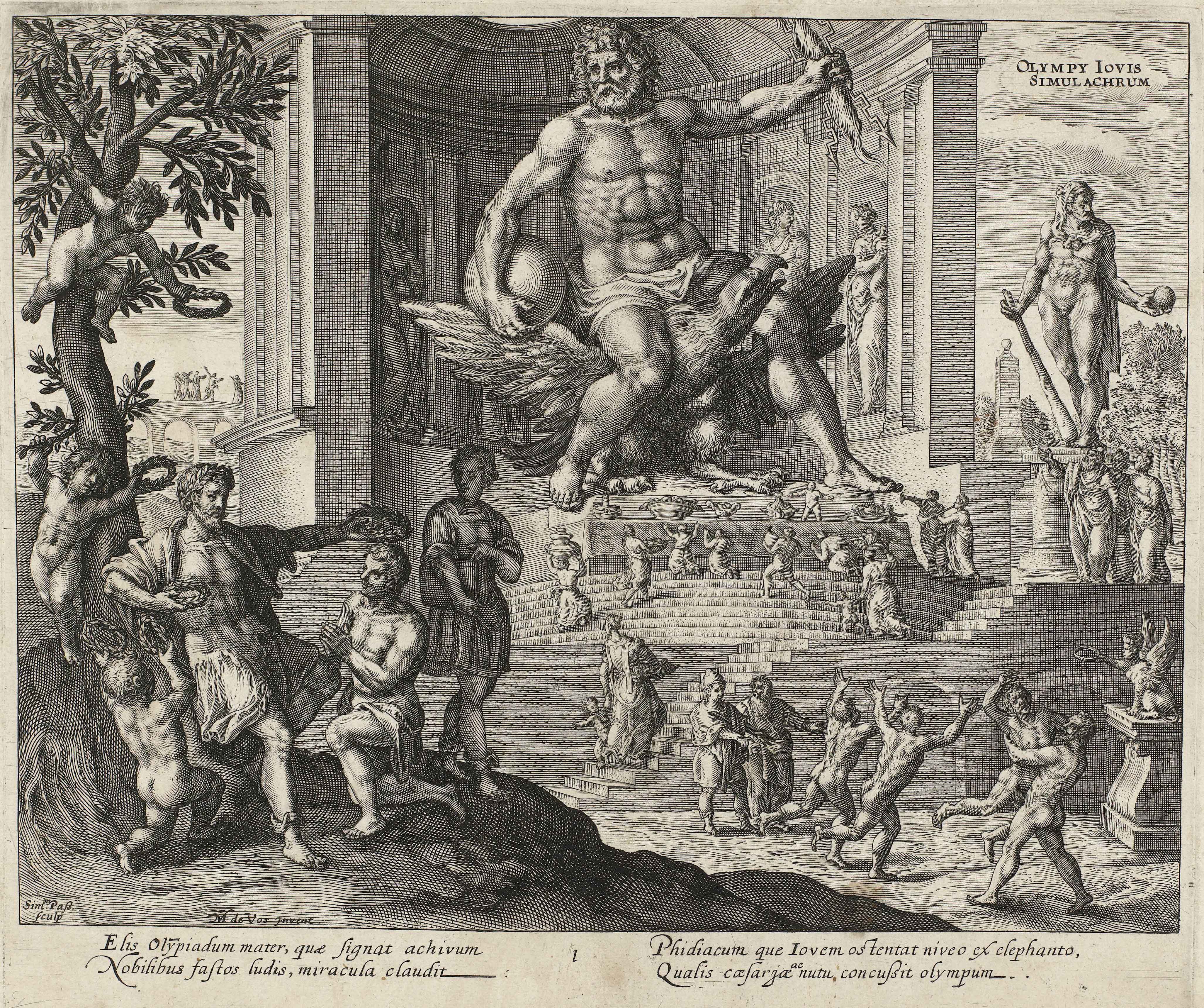 Simon van de Passe, after Maerten de Vos, Statue of Zeus in Olympia, 1614. The colossal figure in gold and ivory, by the sculptor Phidias, was one of the Seven Wonders of the Ancient World
